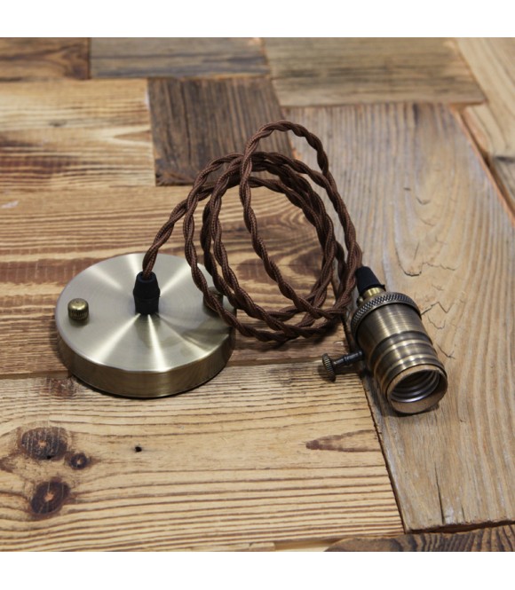 Suspension Douille vieux bronze et cable textile torsade marron - Pour Ampoule a filament Edison