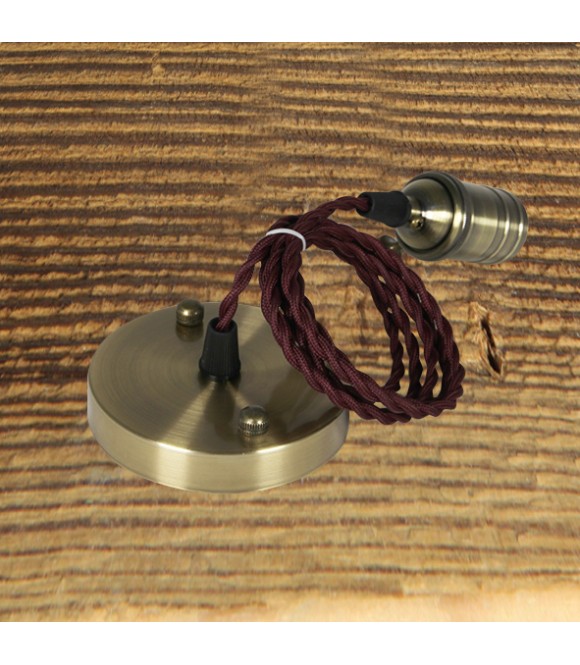 Suspension Douille vieux bronze et cable textile torsade bordeau - Pour Ampoule a filament Edison
